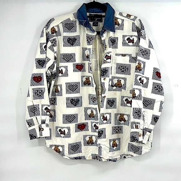 Vintage 90s teddy bear button down shirt size medium cute heart - Picture 1 of 5